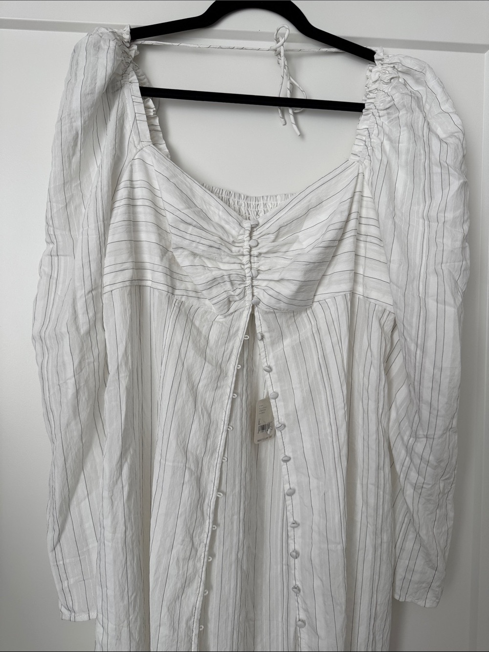 NWT Free People Luna White Pinstripe Button-Front Maxi Top with Puff Shoulders - Picture 5 of 14